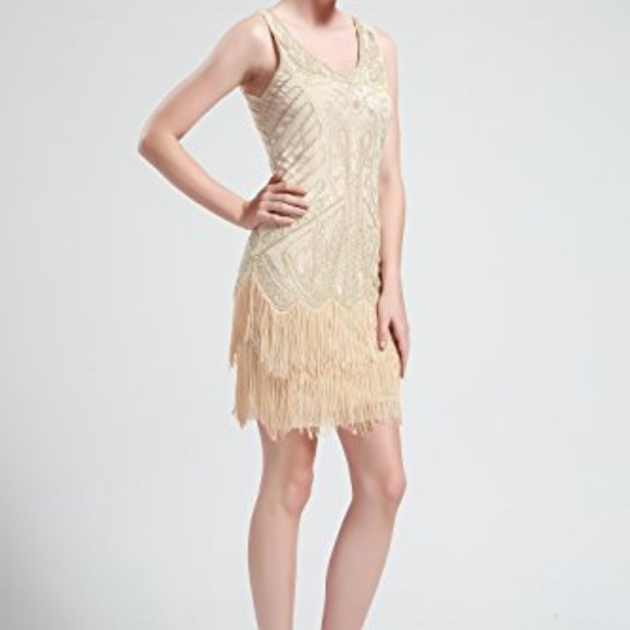 Women's Flapper Dresses 1920s V Neck Beaded Fringe - Picture 3 of 7